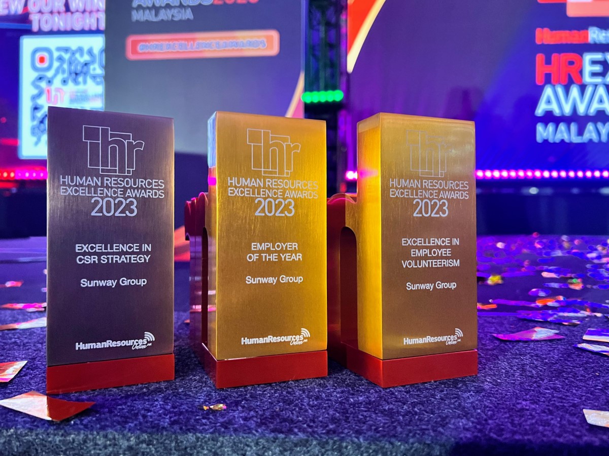A full landscape shot of three awards won by Sunway Group at the HR Excellence Awards 2023