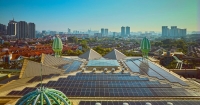 A drone shot view of solar panels at Sunway Resort Hotel, which also overlooks the rest of Sunway City Kuala Lumpur