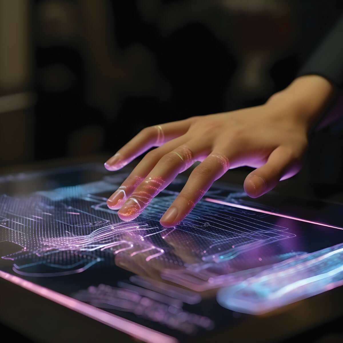 a close-up shot of a hand using a tablet, featuring cyber-looking lines and a purple and blue glow.